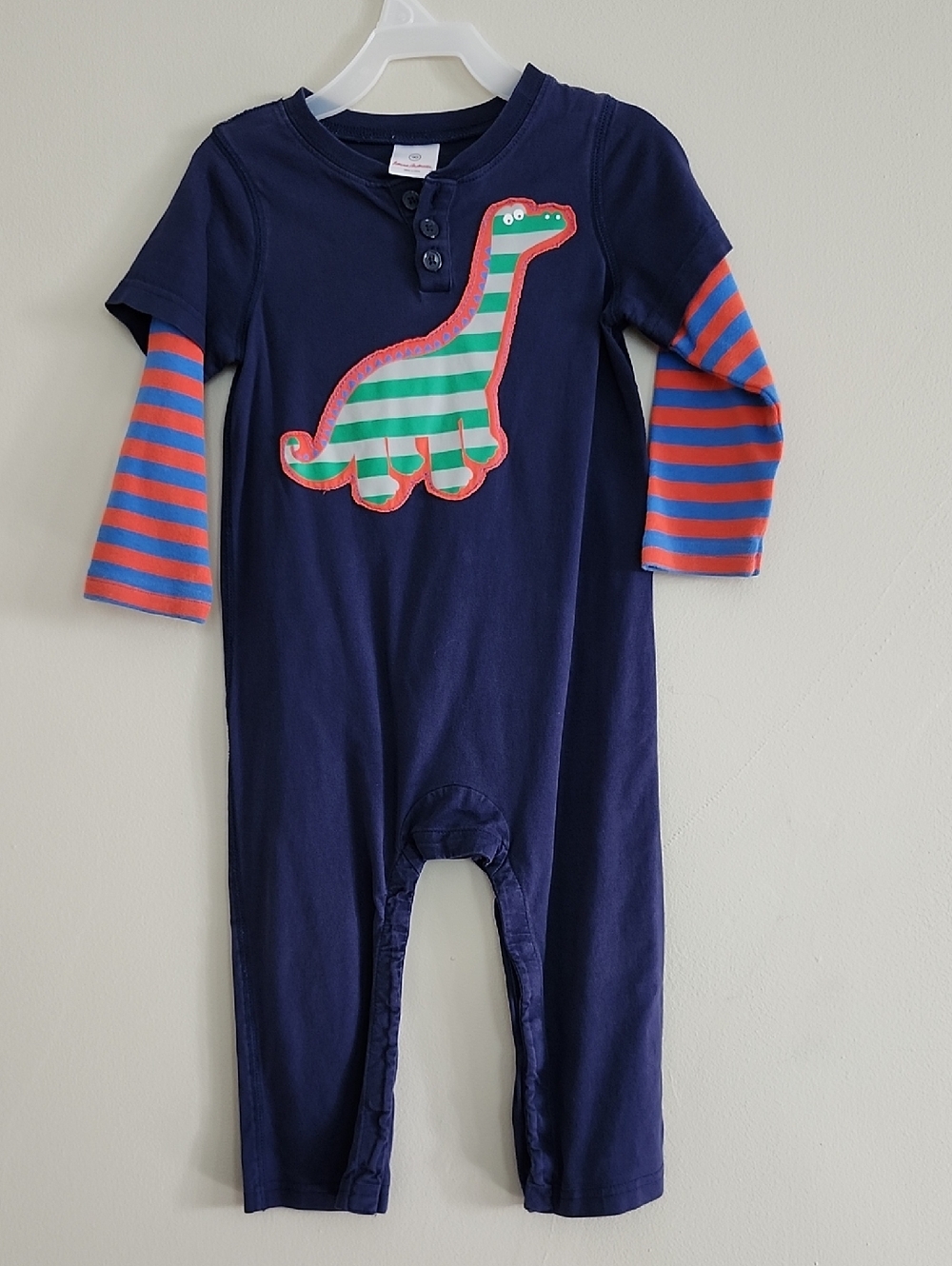 Hanna Anderssin  Dino Applique One-Piece Romper with Striped Sleeves, 3T